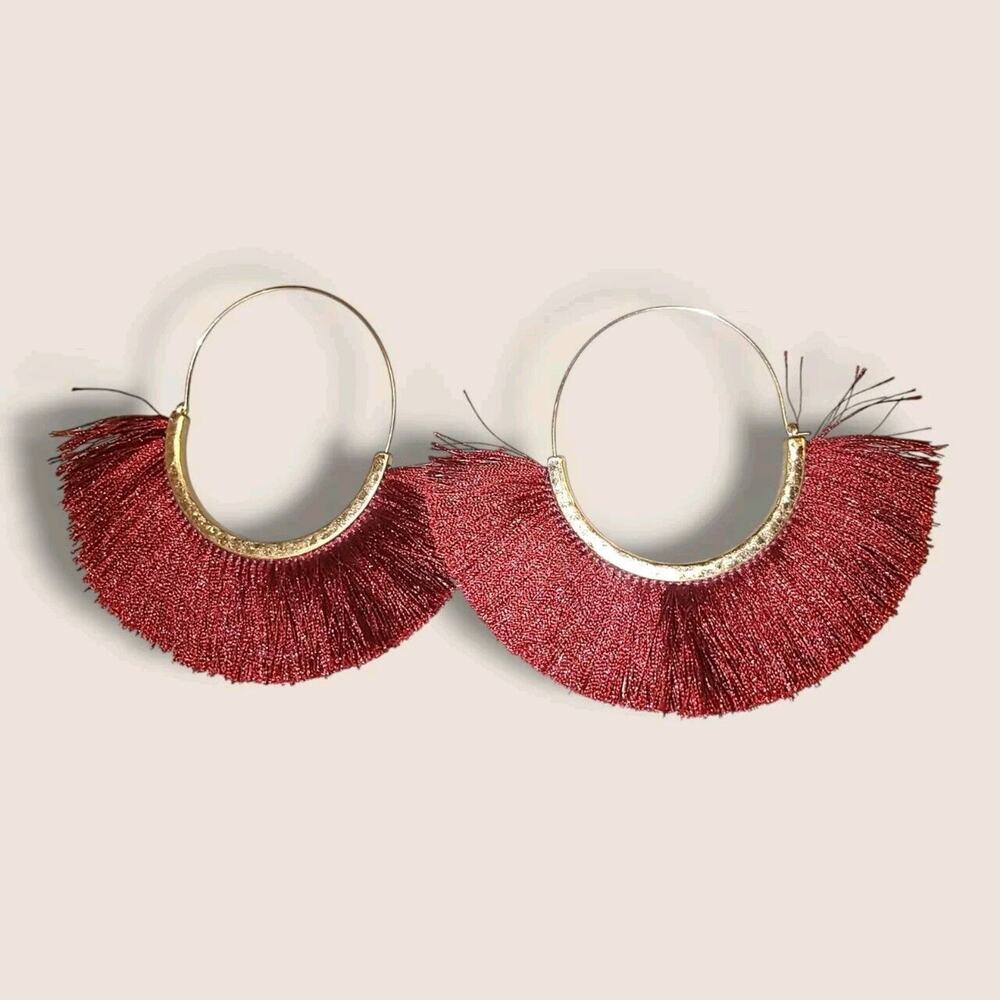 Big Burgundy Fan Tassel Fringe Hoop Earrings 4"